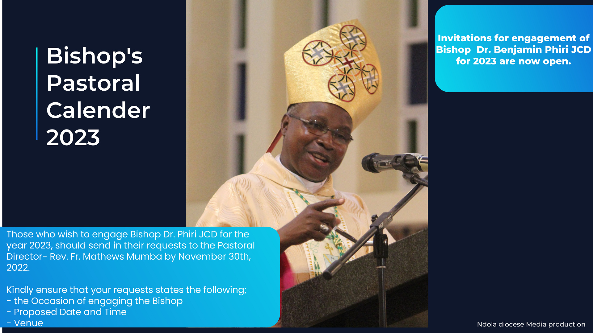 Invitations to engage Bishop Dr. Benjamin Phiri JCD for the year 2023 are now open.